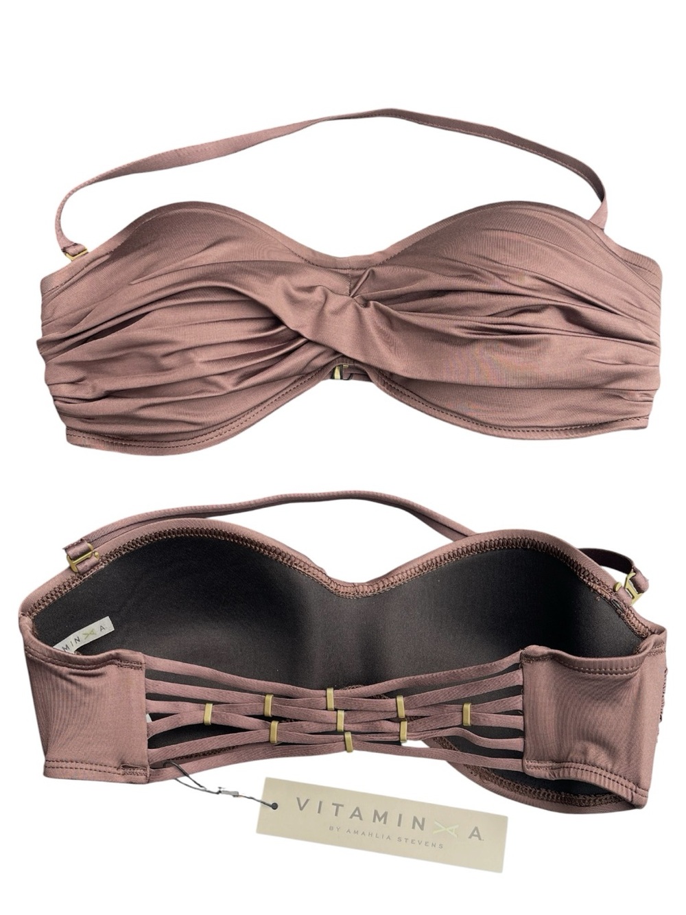 NWT Vitamin A Mink Twist Front Strappy Back Gold Accent Bandeau Swim Top (S/6)